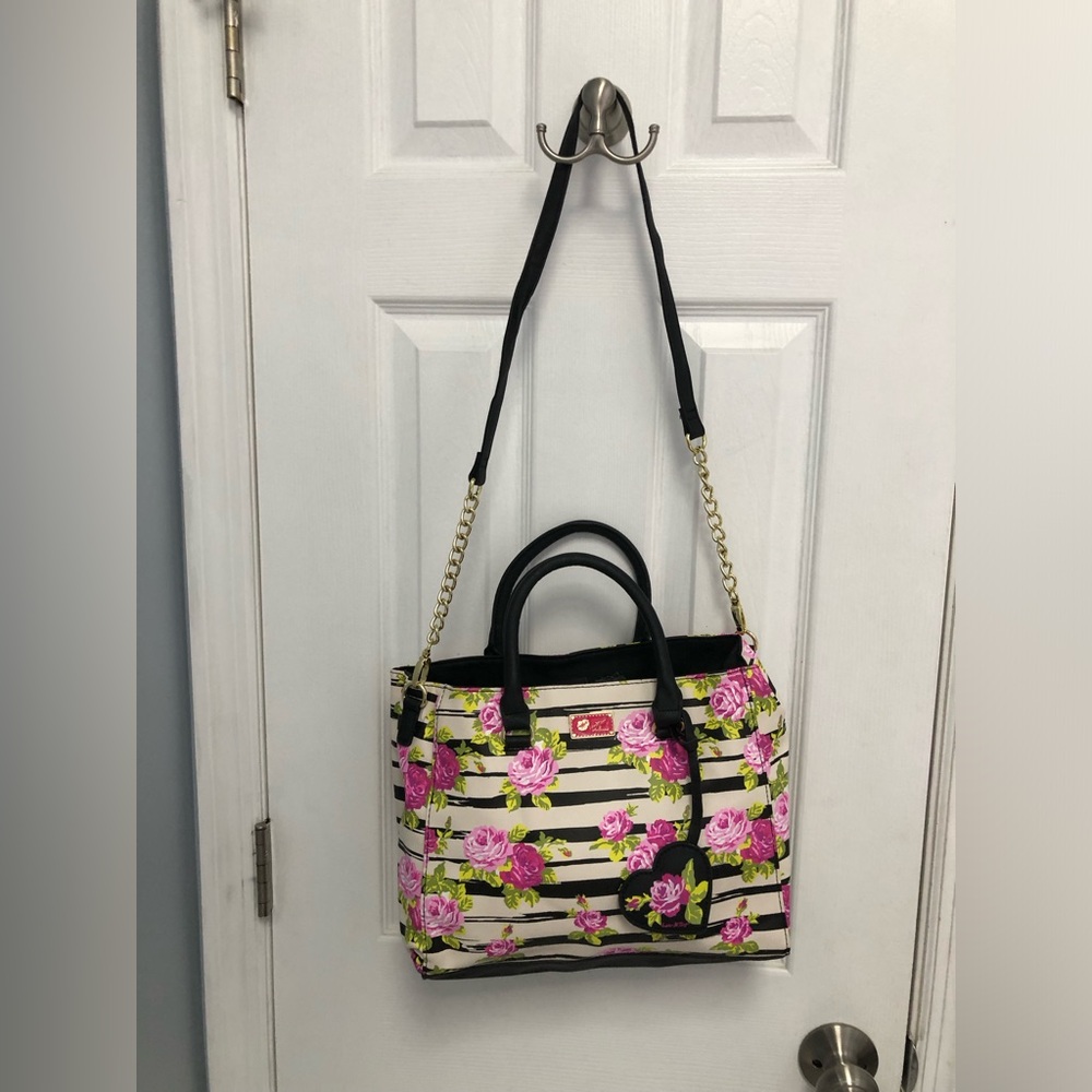 Betsey Johnson Luv Floral Stripe Tote Handbag Black Trim Rose